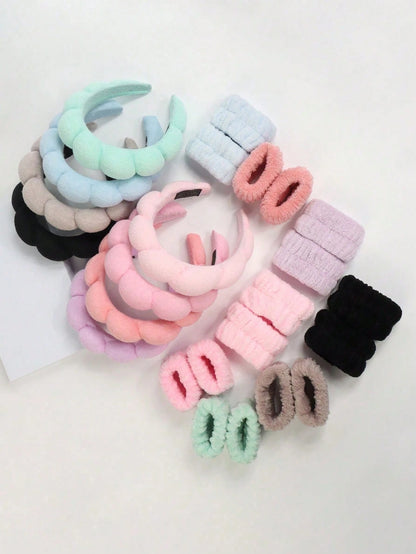 3pcs Woven Headbands & 2pcs Wristbands, Suitable For Washing Face, Cleaning, Makeup, Skincare, Travel, Fits All Skin Types Hair Accessories