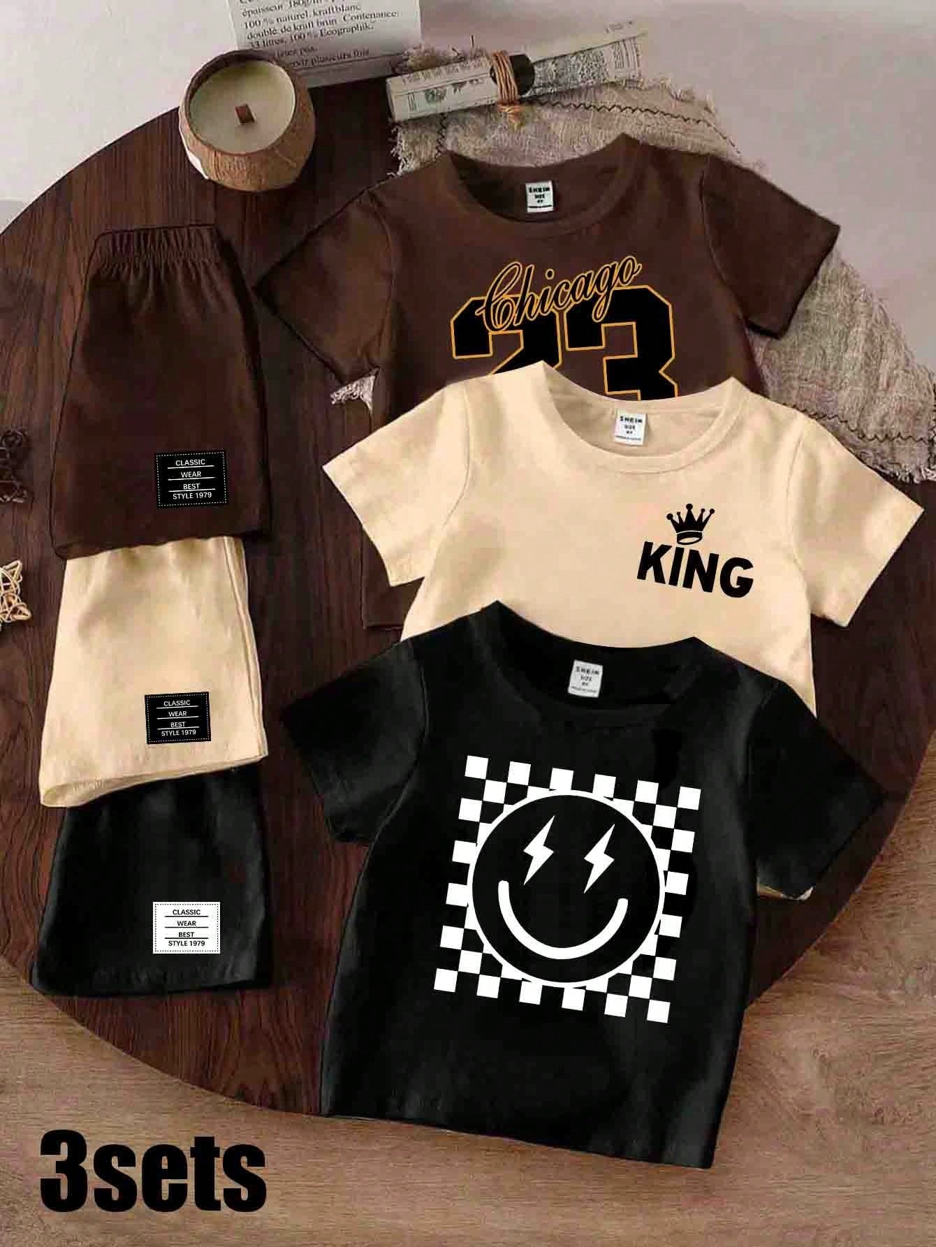 3Set Infant Boys' Short Sleeve T-Shirt And Shorts Sets,Black,Summer,Street Life Casual Graphic Street Fashion,Beach,Chicago Crown,KING,Numeric 23