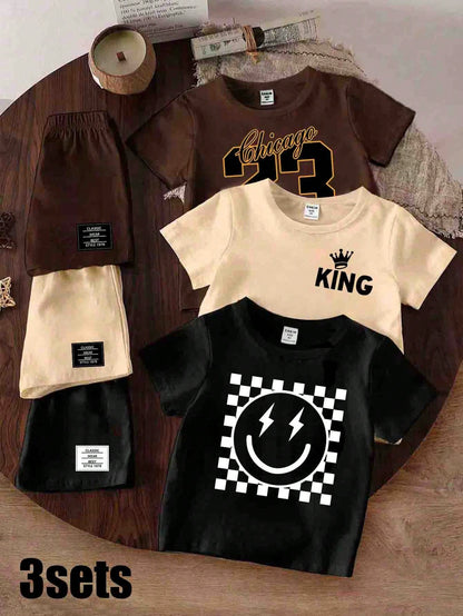 3Set Infant Boys' Short Sleeve T-Shirt And Shorts Sets,Black,Summer,Street Life Casual Graphic Street Fashion,Beach,Chicago Crown,KING,Numeric 23