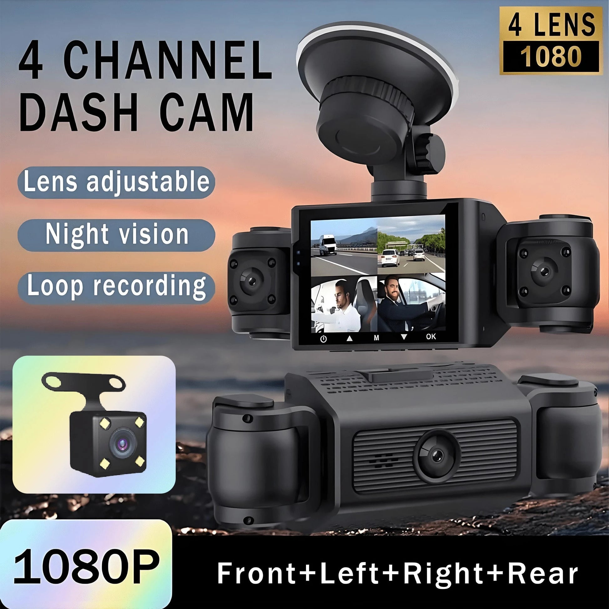 4-Channel Dash Cam, Front And Rear Dual View, 1080P HD Night Vision, Loop Recording, G-Sensor, Built-In Display- High-Resolution Car DVR, Adjustable Lens, Driving Monitor| Compact Dash Cam| Night V
