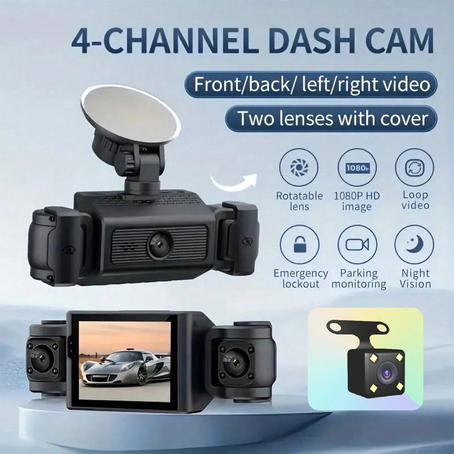 4-Channel Dash Cam, Front And Rear Dual View, 1080P HD Night Vision, Loop Recording, G-Sensor, Built-In Display- High-Resolution Car DVR, Adjustable Lens, Driving Monitor| Compact Dash Cam| Night V