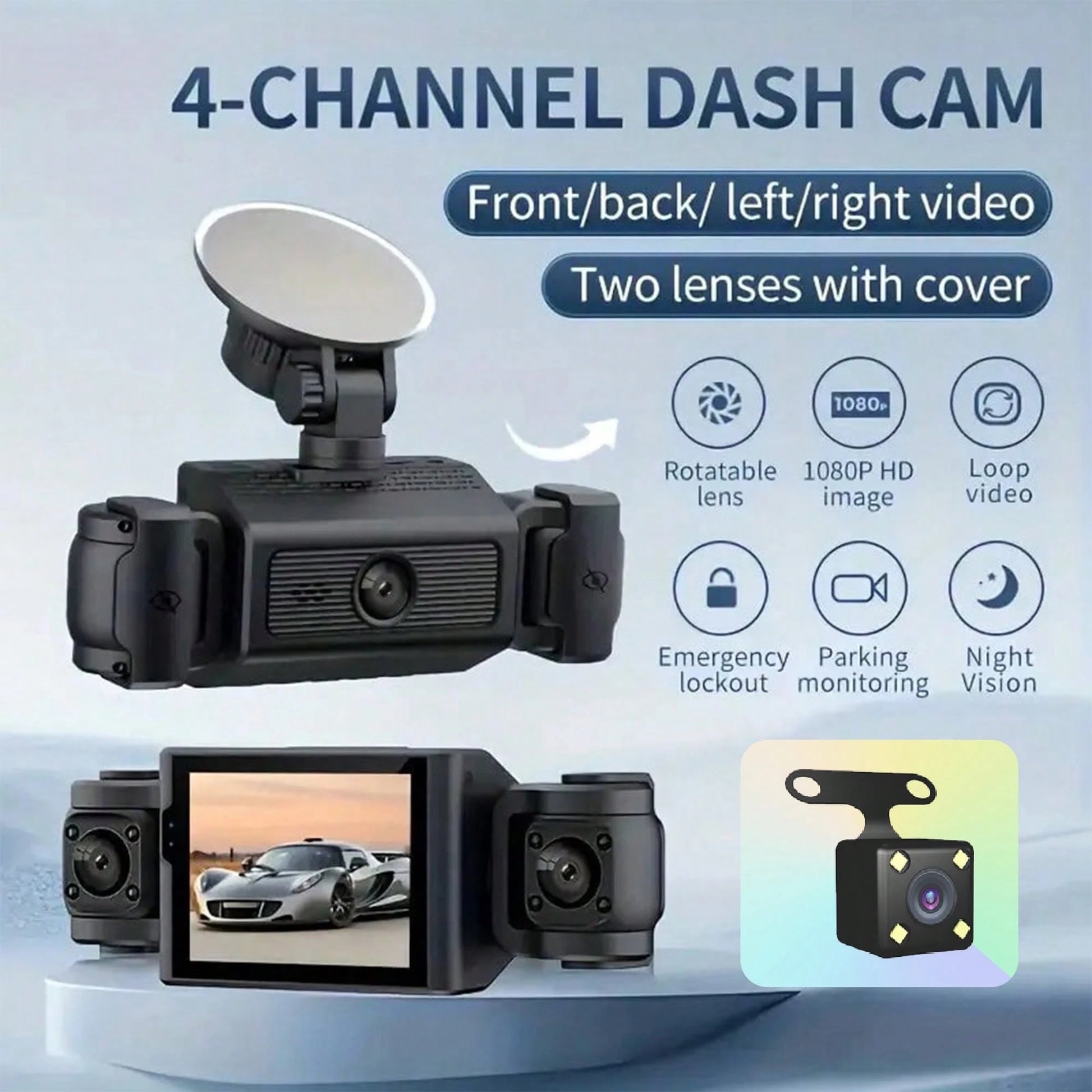 4-Channel Dash Cam, Front And Rear Dual View, 1080P HD Night Vision, Loop Recording, G-Sensor, Built-In Display- High-Resolution Car DVR, Adjustable Lens, Driving Monitor| Compact Dash Cam| Night V