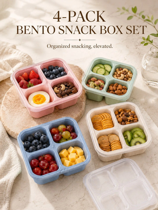 4 Pack Snackle Box Bento Lunch Containers With Clear Lids, 4-Compartment Divided Snack Boxes, Reusable Food Storage Containers For Kids School Lunch, Meal Prep, Fruit, Veggies, Nuts, Travel, Picnic, C