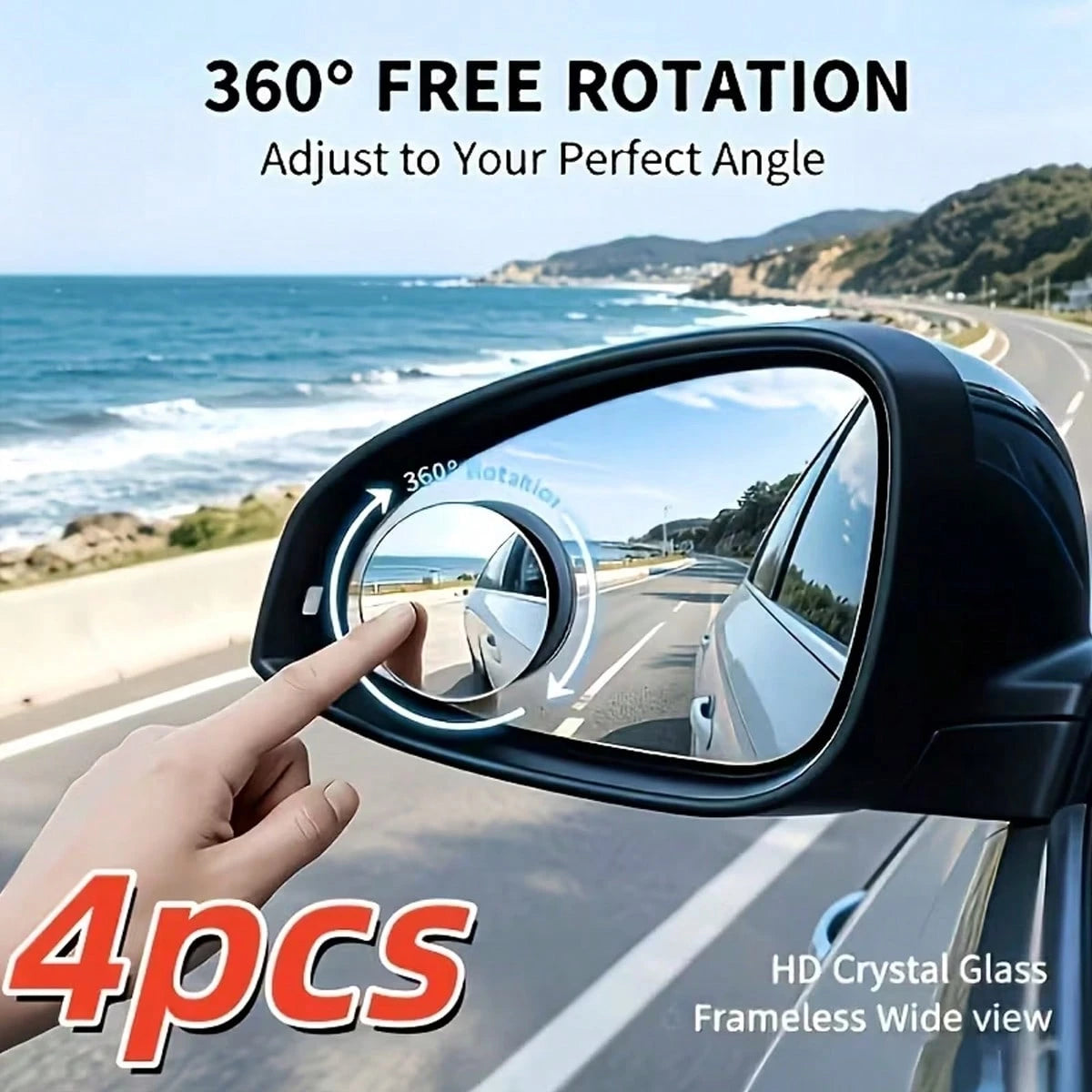 4-Piece Set (Includes 2 Frameless Small Round Mirrors On Board + 2 Cleaning Cloths) 360° Rotatable Adjustable High-Definition Glass Blind Spot Mirror. Suitable For Blind Spot Monitoring, Lane Change A
