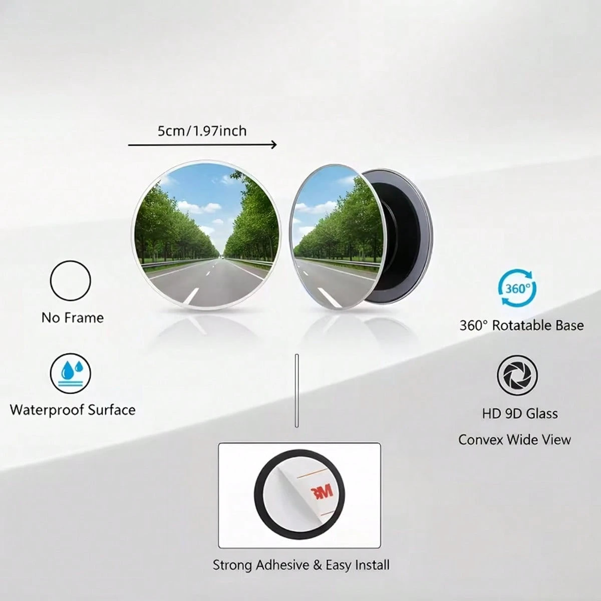 4-Piece Set (Includes 2 Frameless Small Round Mirrors On Board + 2 Cleaning Cloths) 360° Rotatable Adjustable High-Definition Glass Blind Spot Mirror. Suitable For Blind Spot Monitoring, Lane Change A