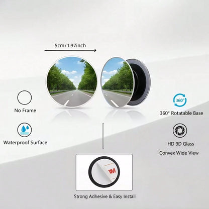 4-Piece Set (Includes 2 Frameless Small Round Mirrors On Board + 2 Cleaning Cloths) 360° Rotatable Adjustable High-Definition Glass Blind Spot Mirror. Suitable For Blind Spot Monitoring, Lane Change A