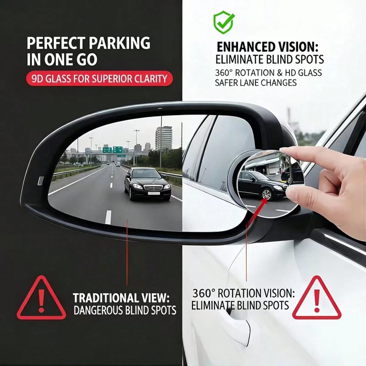 4-Piece Set (Includes 2 Frameless Small Round Mirrors On Board + 2 Cleaning Cloths) 360° Rotatable Adjustable High-Definition Glass Blind Spot Mirror. Suitable For Blind Spot Monitoring, Lane Change A