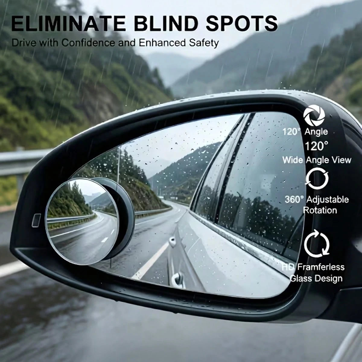 4-Piece Set (Includes 2 Frameless Small Round Mirrors On Board + 2 Cleaning Cloths) 360° Rotatable Adjustable High-Definition Glass Blind Spot Mirror. Suitable For Blind Spot Monitoring, Lane Change A
