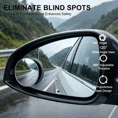 4-Piece Set (Includes 2 Frameless Small Round Mirrors On Board + 2 Cleaning Cloths) 360° Rotatable Adjustable High-Definition Glass Blind Spot Mirror. Suitable For Blind Spot Monitoring, Lane Change A