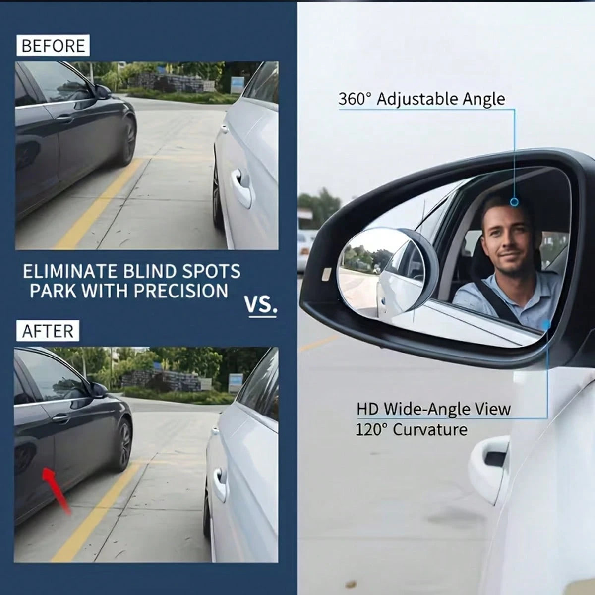 4-Piece Set (Includes 2 Frameless Small Round Mirrors On Board + 2 Cleaning Cloths) 360° Rotatable Adjustable High-Definition Glass Blind Spot Mirror. Suitable For Blind Spot Monitoring, Lane Change A