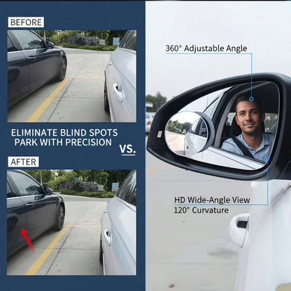 4-Piece Set (Includes 2 Frameless Small Round Mirrors On Board + 2 Cleaning Cloths) 360° Rotatable Adjustable High-Definition Glass Blind Spot Mirror. Suitable For Blind Spot Monitoring, Lane Change A