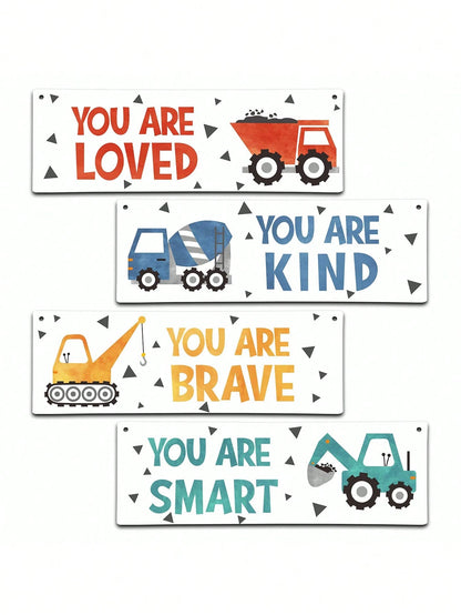 4 Pieces- Construction Vehicle Decoration Kids Room Wall Decor Wooden Signs- Inspirational Wall Art For Kids Room Nursery Playroom Classroom, Motivational Truck Wall Art Posters Suitable For Kids To