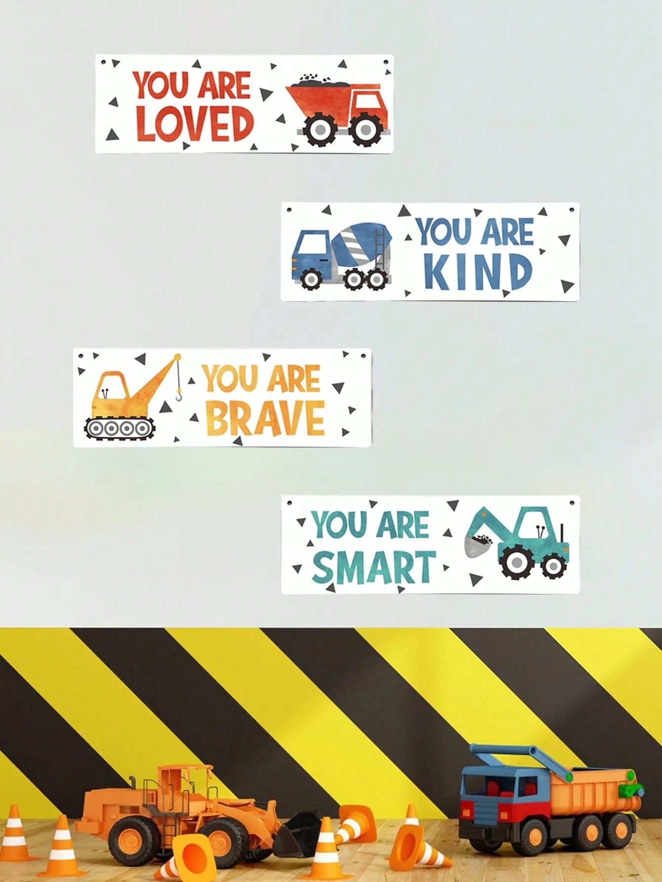 4 Pieces- Construction Vehicle Decoration Kids Room Wall Decor Wooden Signs- Inspirational Wall Art For Kids Room Nursery Playroom Classroom, Motivational Truck Wall Art Posters Suitable For Kids To