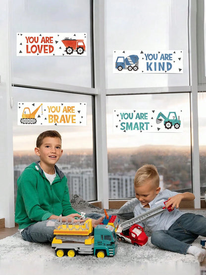 4 Pieces- Construction Vehicle Decoration Kids Room Wall Decor Wooden Signs- Inspirational Wall Art For Kids Room Nursery Playroom Classroom, Motivational Truck Wall Art Posters Suitable For Kids To