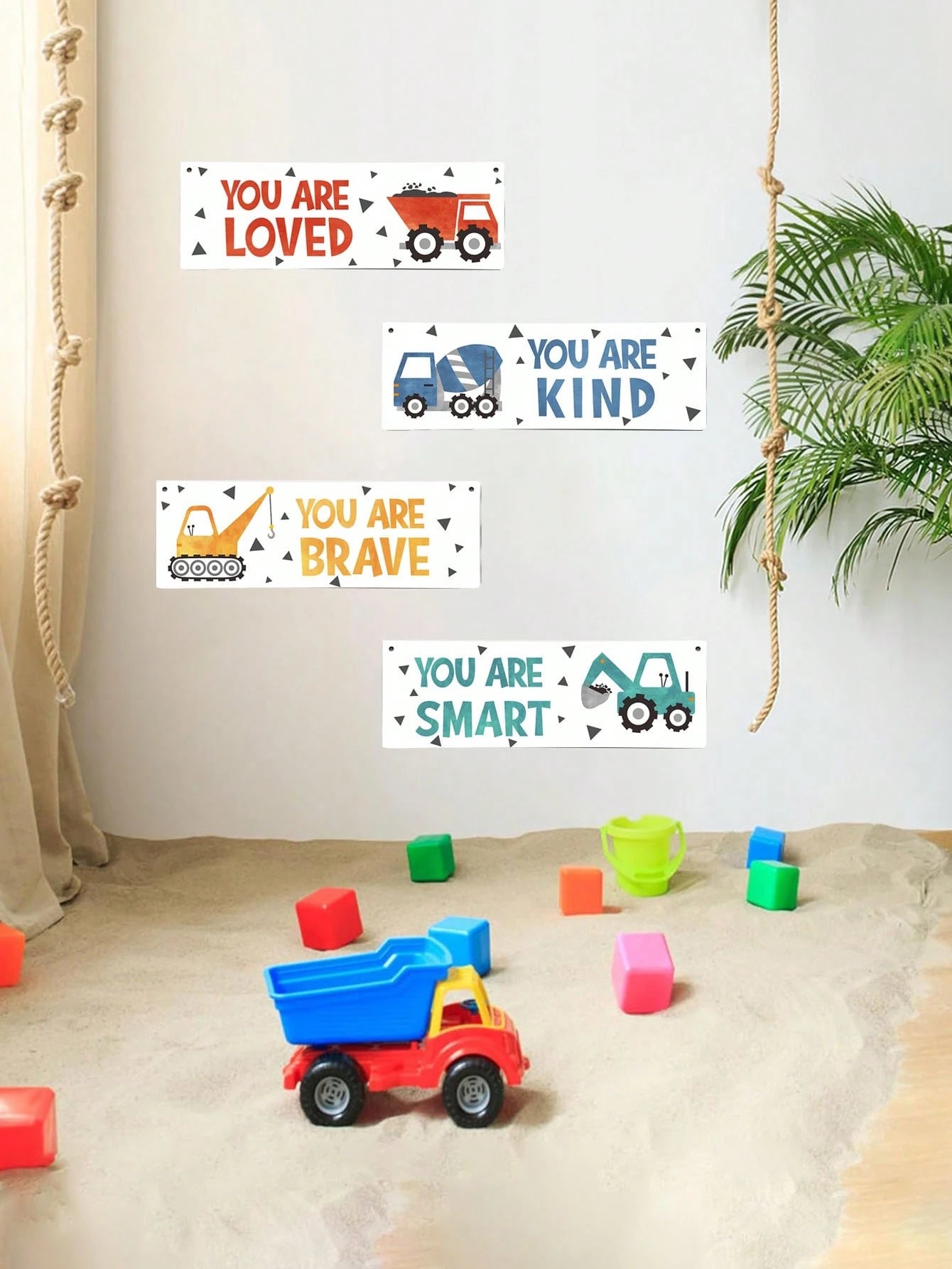 4 Pieces- Construction Vehicle Decoration Kids Room Wall Decor Wooden Signs- Inspirational Wall Art For Kids Room Nursery Playroom Classroom, Motivational Truck Wall Art Posters Suitable For Kids To