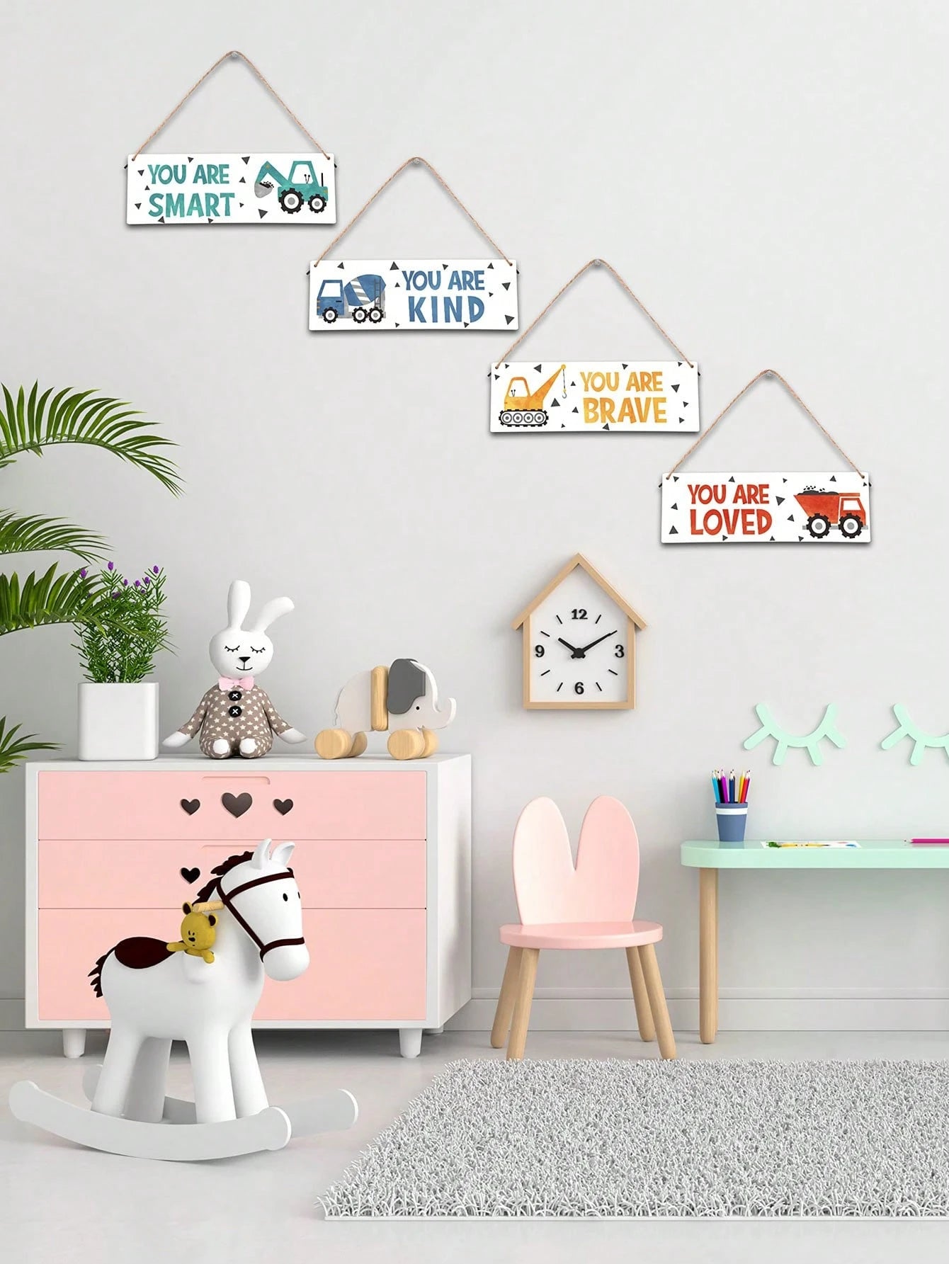 4 Pieces- Construction Vehicle Decoration Kids Room Wall Decor Wooden Signs- Inspirational Wall Art For Kids Room Nursery Playroom Classroom, Motivational Truck Wall Art Posters Suitable For Kids To