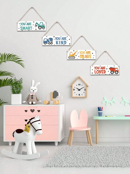 4 Pieces- Construction Vehicle Decoration Kids Room Wall Decor Wooden Signs- Inspirational Wall Art For Kids Room Nursery Playroom Classroom, Motivational Truck Wall Art Posters Suitable For Kids To