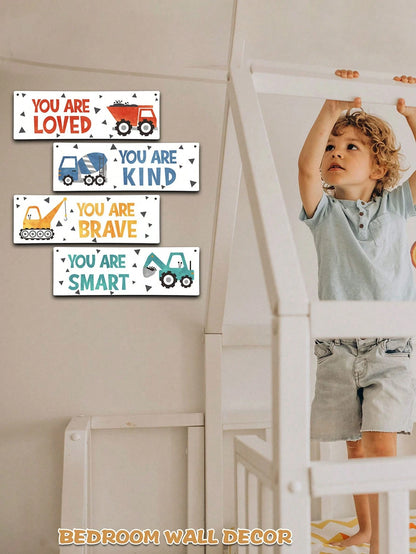 4 Pieces- Construction Vehicle Decoration Kids Room Wall Decor Wooden Signs- Inspirational Wall Art For Kids Room Nursery Playroom Classroom, Motivational Truck Wall Art Posters Suitable For Kids To