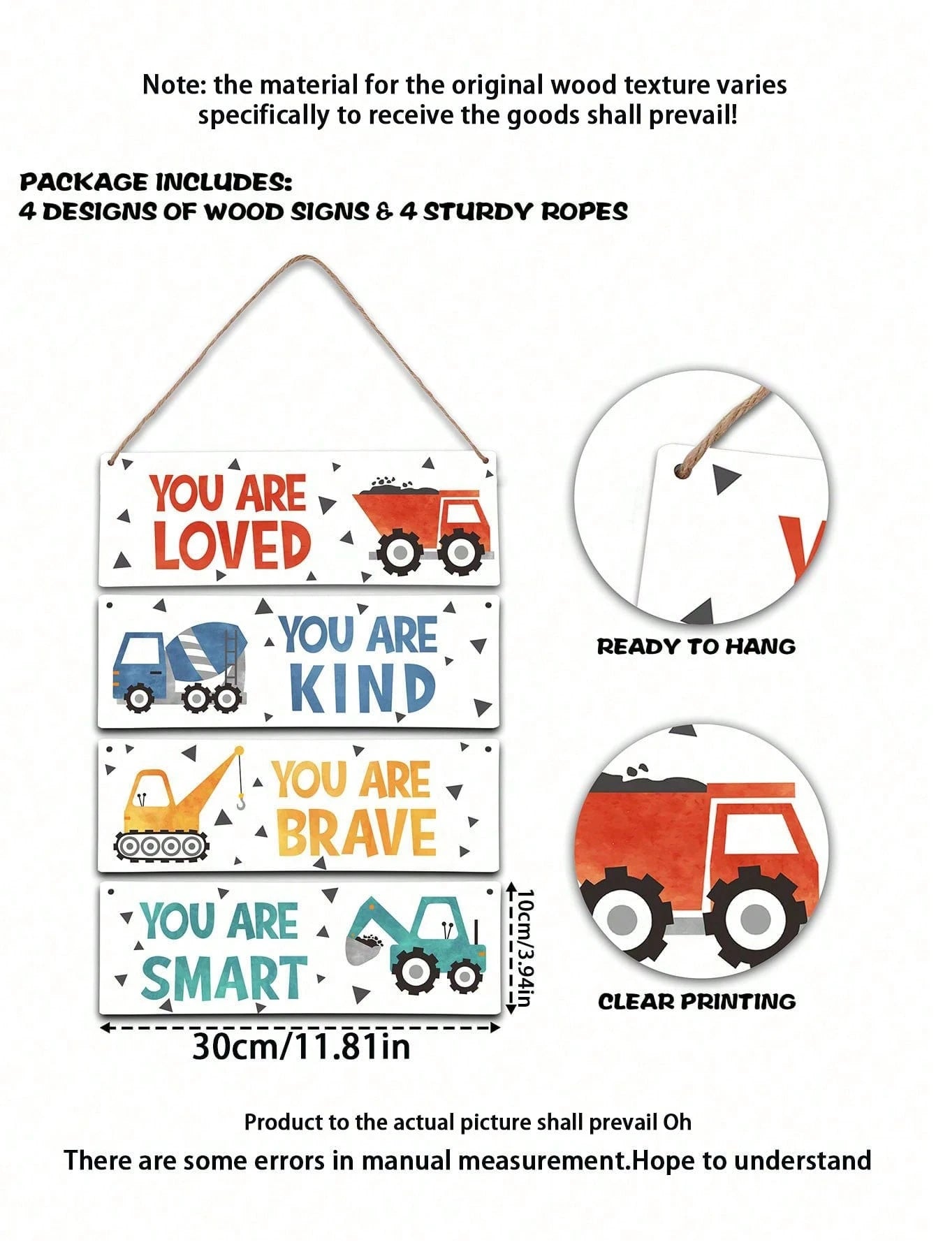 4 Pieces- Construction Vehicle Decoration Kids Room Wall Decor Wooden Signs- Inspirational Wall Art For Kids Room Nursery Playroom Classroom, Motivational Truck Wall Art Posters Suitable For Kids To
