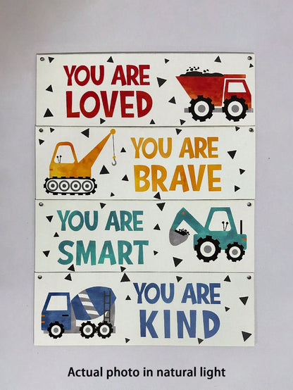 4 Pieces- Construction Vehicle Decoration Kids Room Wall Decor Wooden Signs- Inspirational Wall Art For Kids Room Nursery Playroom Classroom, Motivational Truck Wall Art Posters Suitable For Kids To