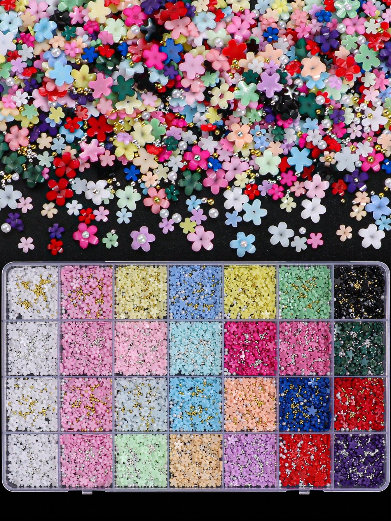 4000pcs Y2K Style Nail Art Decoration Set, 28 Slots 3D Resin Flowers, Gold & Silver Fish Scale Beads, Hypoallergenic, Fragrance-Free, DIY Nail Trimming & Manicure Design Decor Nails Nail Charms