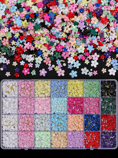 4000pcs Y2K Style Nail Art Decoration Set, 28 Slots 3D Resin Flowers, Gold & Silver Fish Scale Beads, Hypoallergenic, Fragrance-Free, DIY Nail Trimming & Manicure Design Decor Nails Nail Charms