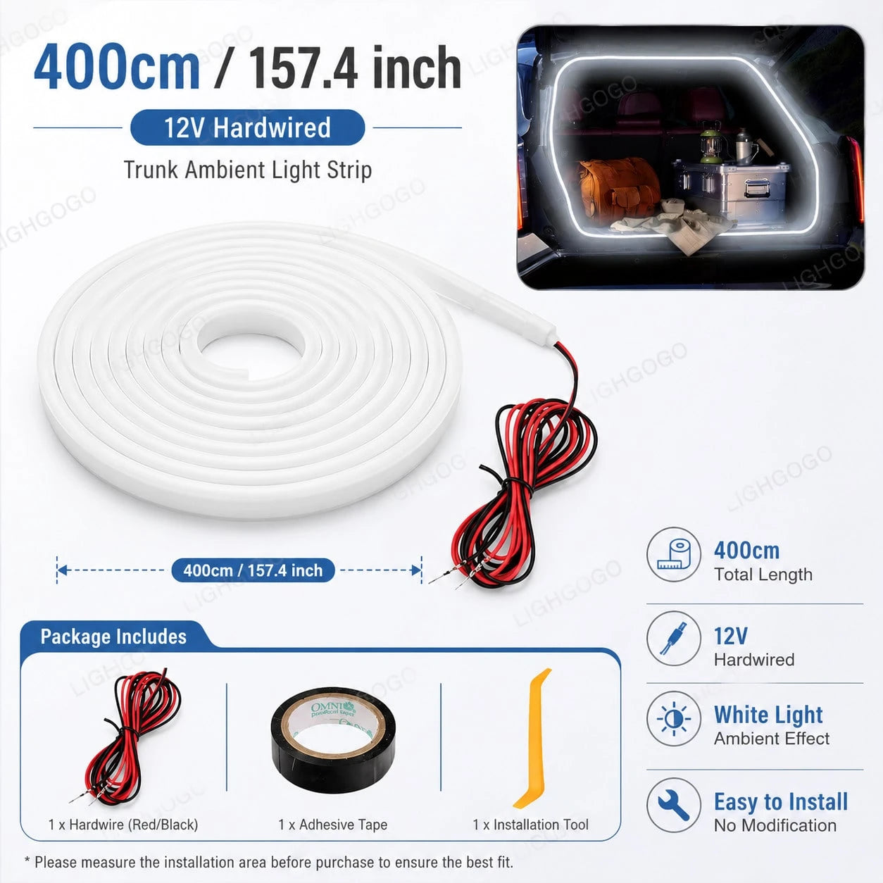 400cm LED Car Trunk Strip Light 155.6 Inch White Hardwired Auto Boot Interior Lighting With Tape & Installation Tools Car LED Accessories
