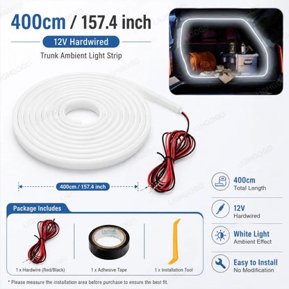 400cm LED Car Trunk Strip Light 155.6 Inch White Hardwired Auto Boot Interior Lighting With Tape & Installation Tools Car LED Accessories