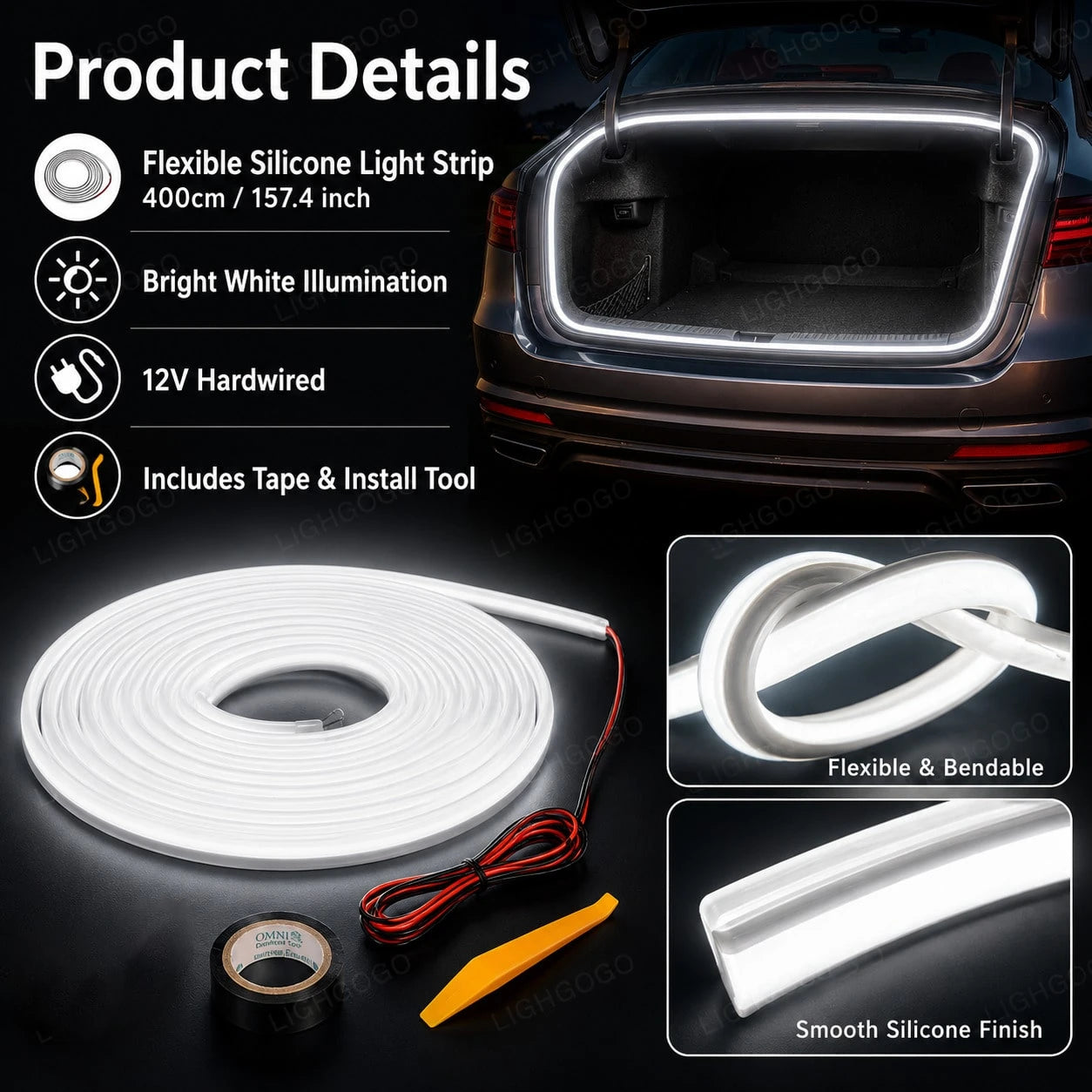 400cm LED Car Trunk Strip Light 155.6 Inch White Hardwired Auto Boot Interior Lighting With Tape & Installation Tools Car LED Accessories