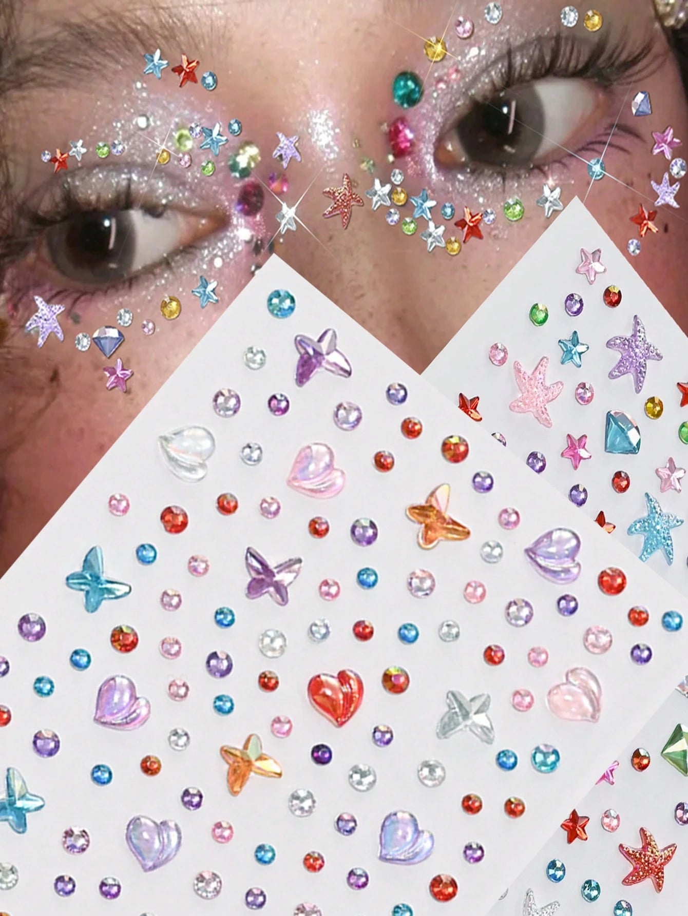451pcs 3D Summer Rainbow Glitter Rhinestone Stickers, 2pcs Shiny Heart Shaped Sequin Self-Adhesive Rhinestone Stickers, Heart Design Suitable For Makeup And Clothing, Multicolor Diamond Face Decor Sui
