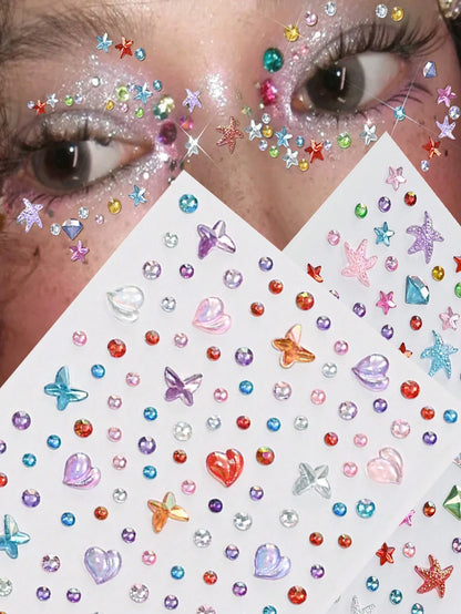451pcs 3D Summer Rainbow Glitter Rhinestone Stickers, 2pcs Shiny Heart Shaped Sequin Self-Adhesive Rhinestone Stickers, Heart Design Suitable For Makeup And Clothing, Multicolor Diamond Face Decor Sui