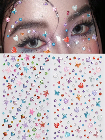 451pcs 3D Summer Rainbow Glitter Rhinestone Stickers, 2pcs Shiny Heart Shaped Sequin Self-Adhesive Rhinestone Stickers, Heart Design Suitable For Makeup And Clothing, Multicolor Diamond Face Decor Sui