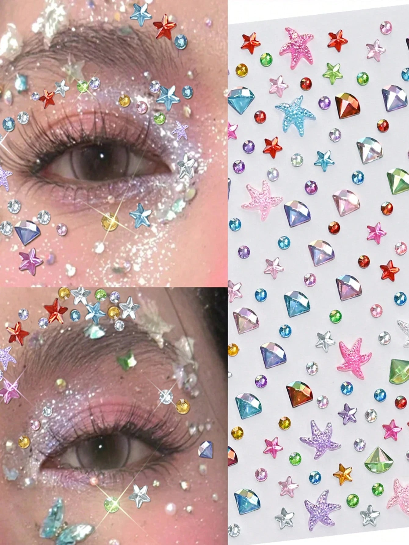 451pcs 3D Summer Rainbow Glitter Rhinestone Stickers, 2pcs Shiny Heart Shaped Sequin Self-Adhesive Rhinestone Stickers, Heart Design Suitable For Makeup And Clothing, Multicolor Diamond Face Decor Sui