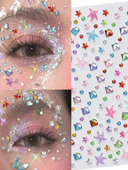 451pcs 3D Summer Rainbow Glitter Rhinestone Stickers, 2pcs Shiny Heart Shaped Sequin Self-Adhesive Rhinestone Stickers, Heart Design Suitable For Makeup And Clothing, Multicolor Diamond Face Decor Sui