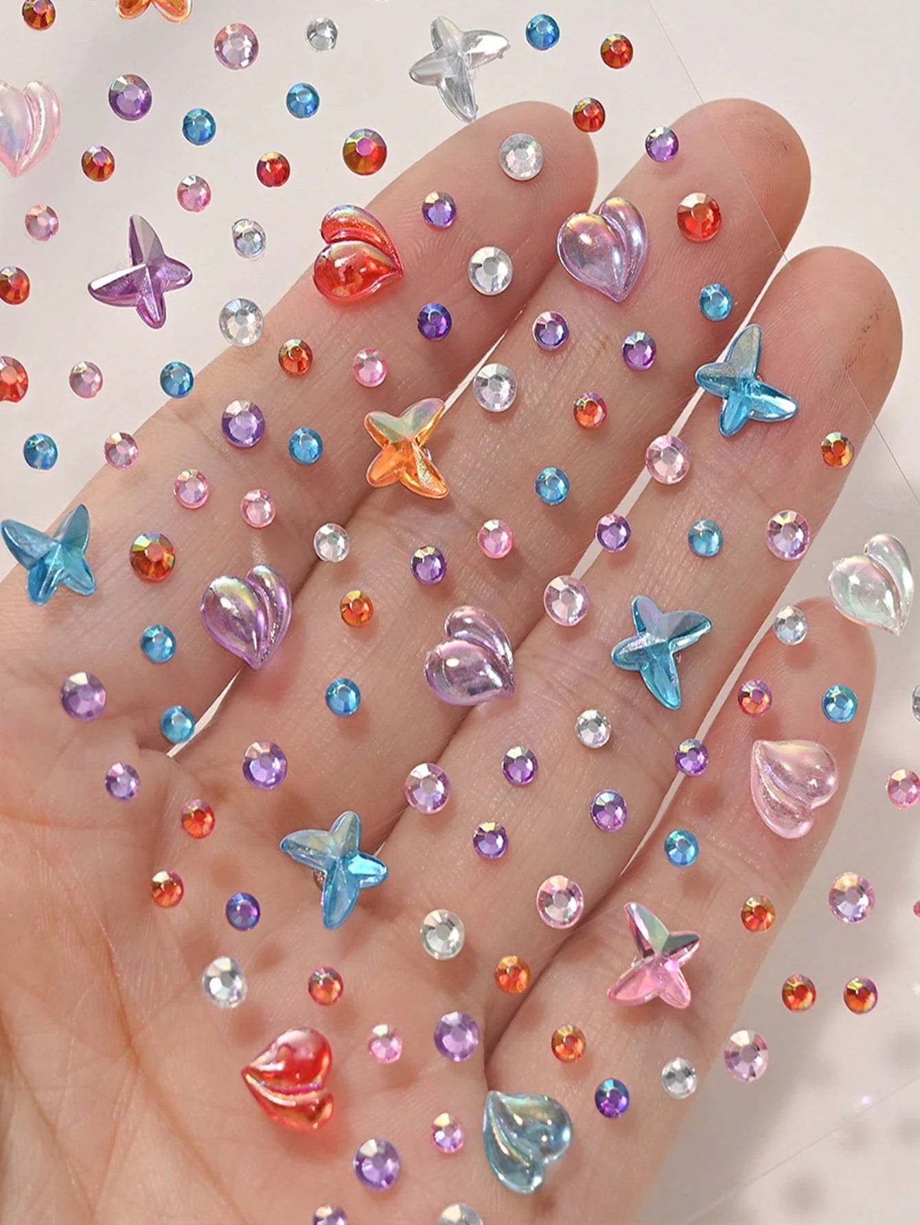 451pcs 3D Summer Rainbow Glitter Rhinestone Stickers, 2pcs Shiny Heart Shaped Sequin Self-Adhesive Rhinestone Stickers, Heart Design Suitable For Makeup And Clothing, Multicolor Diamond Face Decor Sui