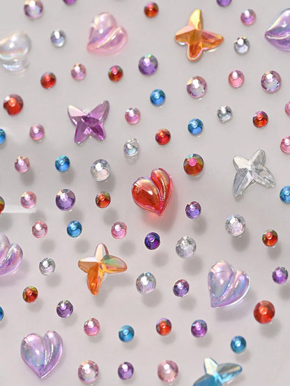 451pcs 3D Summer Rainbow Glitter Rhinestone Stickers, 2pcs Shiny Heart Shaped Sequin Self-Adhesive Rhinestone Stickers, Heart Design Suitable For Makeup And Clothing, Multicolor Diamond Face Decor Sui