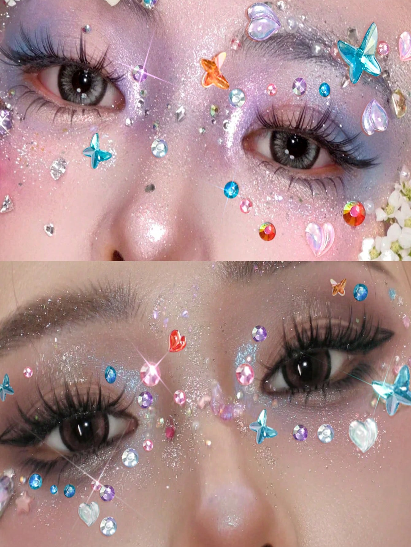 451pcs 3D Summer Rainbow Glitter Rhinestone Stickers, 2pcs Shiny Heart Shaped Sequin Self-Adhesive Rhinestone Stickers, Heart Design Suitable For Makeup And Clothing, Multicolor Diamond Face Decor Sui