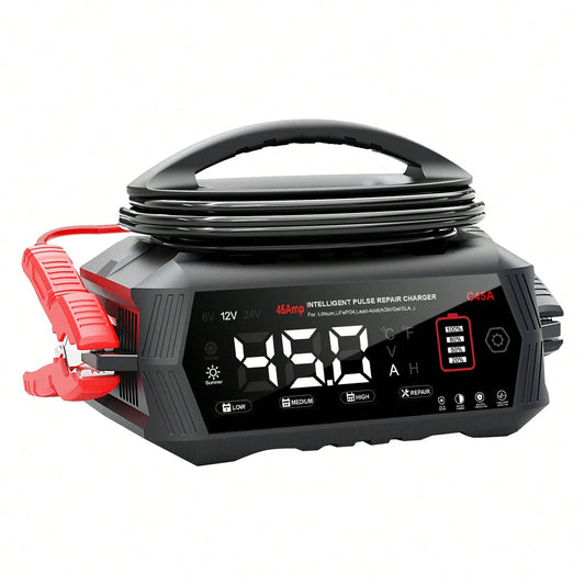 45Amp Smart Car Battery Charger, 6V/12V/24V Automotive Charger, Lead-Acid Battery, LiFePO4 Battery Maintainer With LCD Display, Trickle Charger, For Lawn Mower, Motorcycle, AGM, STD, Gel, EFB,Etc