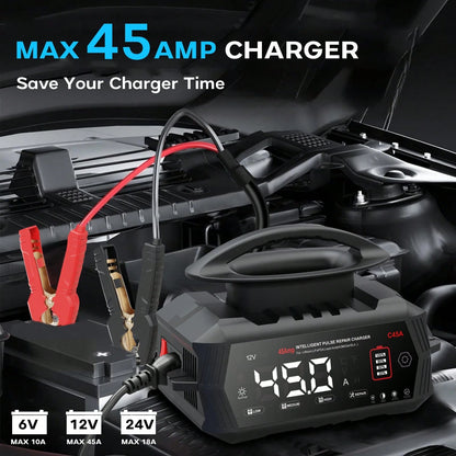 45Amp Smart Car Battery Charger, 6V/12V/24V Automotive Charger, Lead-Acid Battery, LiFePO4 Battery Maintainer With LCD Display, Trickle Charger, For Lawn Mower, Motorcycle, AGM, STD, Gel, EFB,Etc