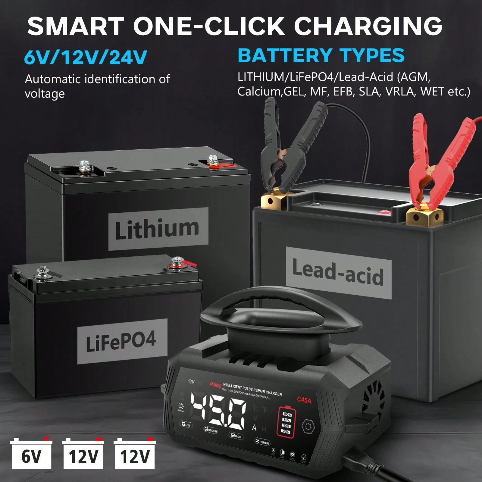 45Amp Smart Car Battery Charger, 6V/12V/24V Automotive Charger, Lead-Acid Battery, LiFePO4 Battery Maintainer With LCD Display, Trickle Charger, For Lawn Mower, Motorcycle, AGM, STD, Gel, EFB,Etc
