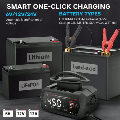 45Amp Smart Car Battery Charger, 6V/12V/24V Automotive Charger, Lead-Acid Battery, LiFePO4 Battery Maintainer With LCD Display, Trickle Charger, For Lawn Mower, Motorcycle, AGM, STD, Gel, EFB,Etc