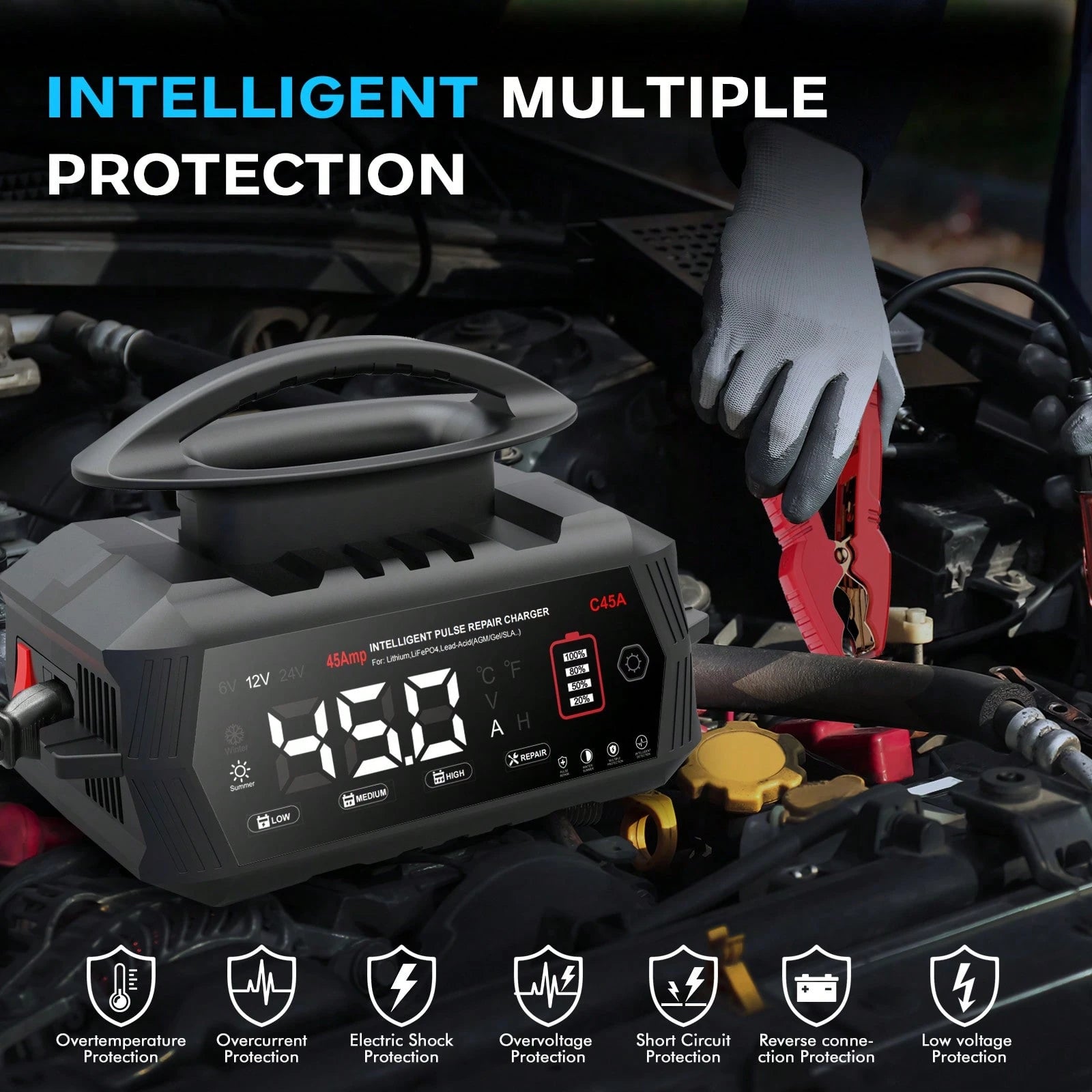 45Amp Smart Car Battery Charger, 6V/12V/24V Automotive Charger, Lead-Acid Battery, LiFePO4 Battery Maintainer With LCD Display, Trickle Charger, For Lawn Mower, Motorcycle, AGM, STD, Gel, EFB,Etc