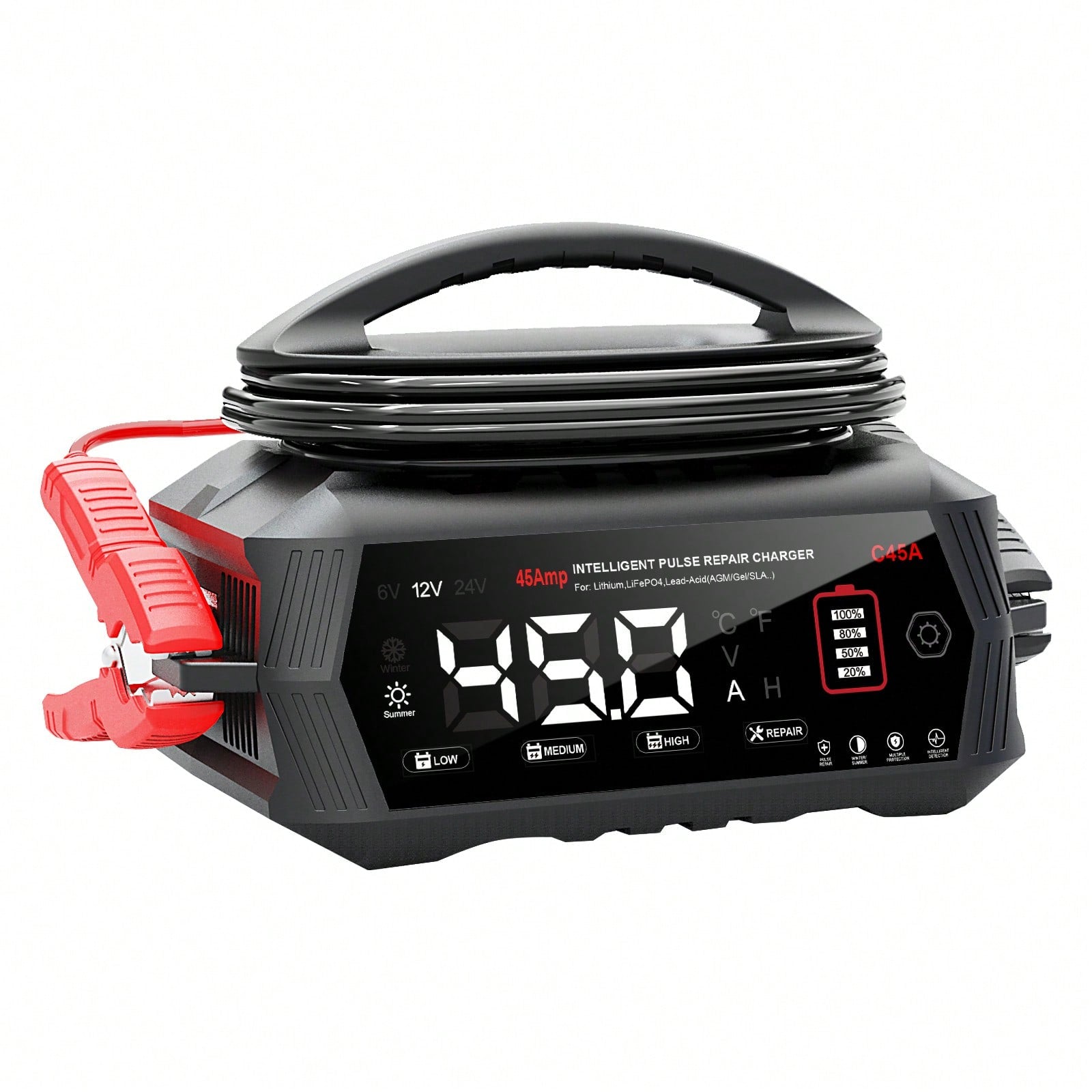 45Amp Smart Car Battery Charger, 6V/12V/24V Automotive Charger, Lead-Acid Battery, LiFePO4 Battery Maintainer With LCD Display, Trickle Charger, For Lawn Mower, Motorcycle, AGM, STD, Gel, EFB,Etc