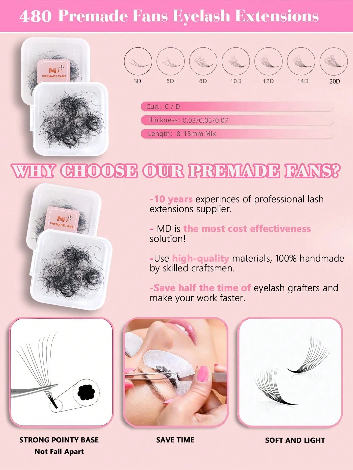 480pcs 3D D-Curl Pre-Made Eyelash Extensions Single Tray Handmade Voluminous Pre-Made Lashes, D-Curl Pointed Tip Fine Base Professional Grade, Create More Voluminous And Dramatic Lashes (3D-0.07-D-8