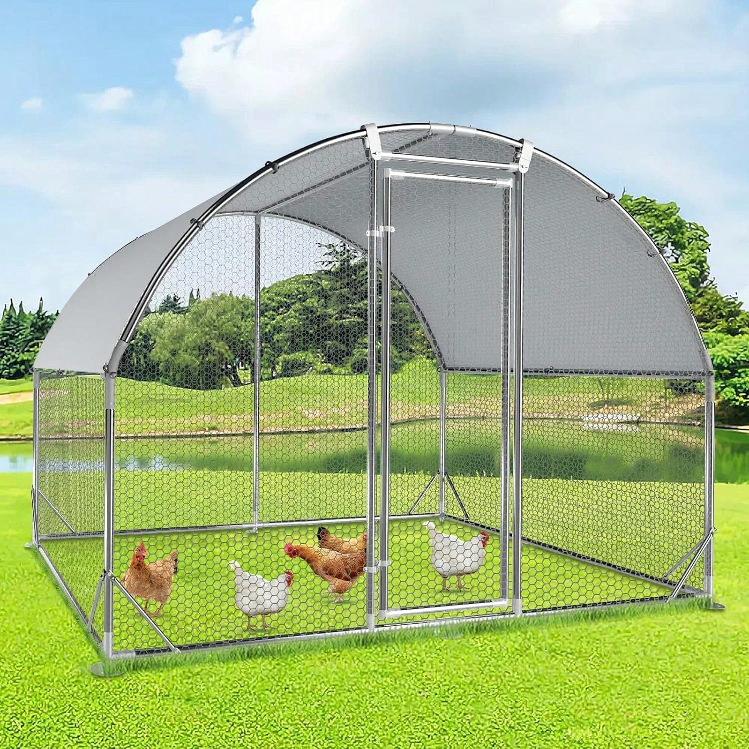 4ever2buy Large Metal Chicken Coops With Run Walk-In Poultry Cage Chicken Runs House Pen Cage Dome Roofed Chicken Coops With Anti-Ultraviolet Cover For Outdoor Backyard Farm