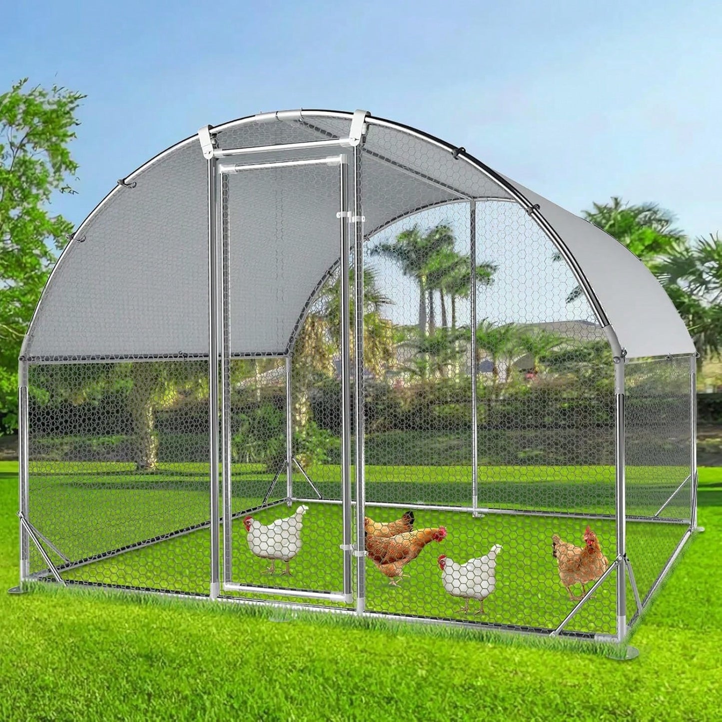 4ever2buy Large Metal Chicken Coops With Run Walk-In Poultry Cage Chicken Runs House Pen Cage Dome Roofed Chicken Coops With Anti-Ultraviolet Cover For Outdoor Backyard Farm