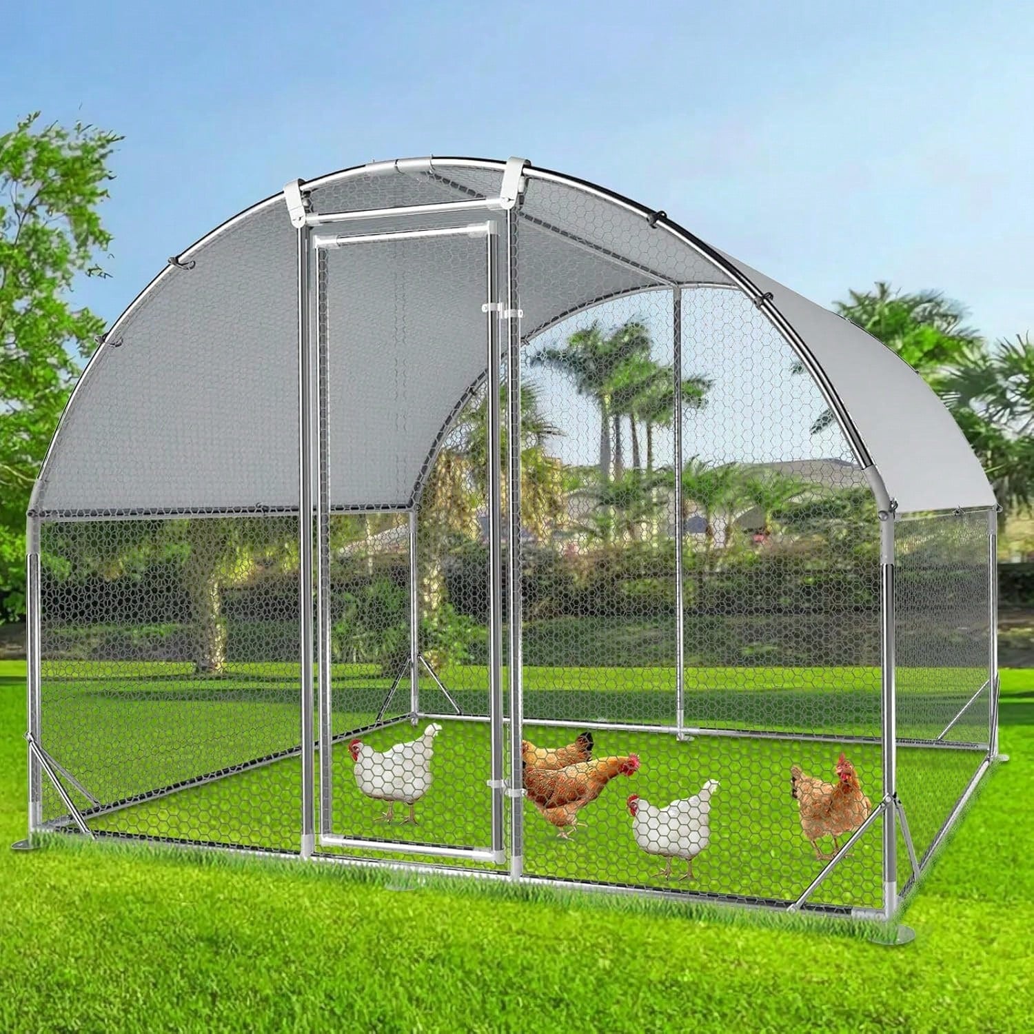 4ever2buy Large Metal Chicken Coops With Run Walk-In Poultry Cage Chicken Runs House Pen Cage Dome Roofed Chicken Coops With Anti-Ultraviolet Cover For Outdoor Backyard Farm