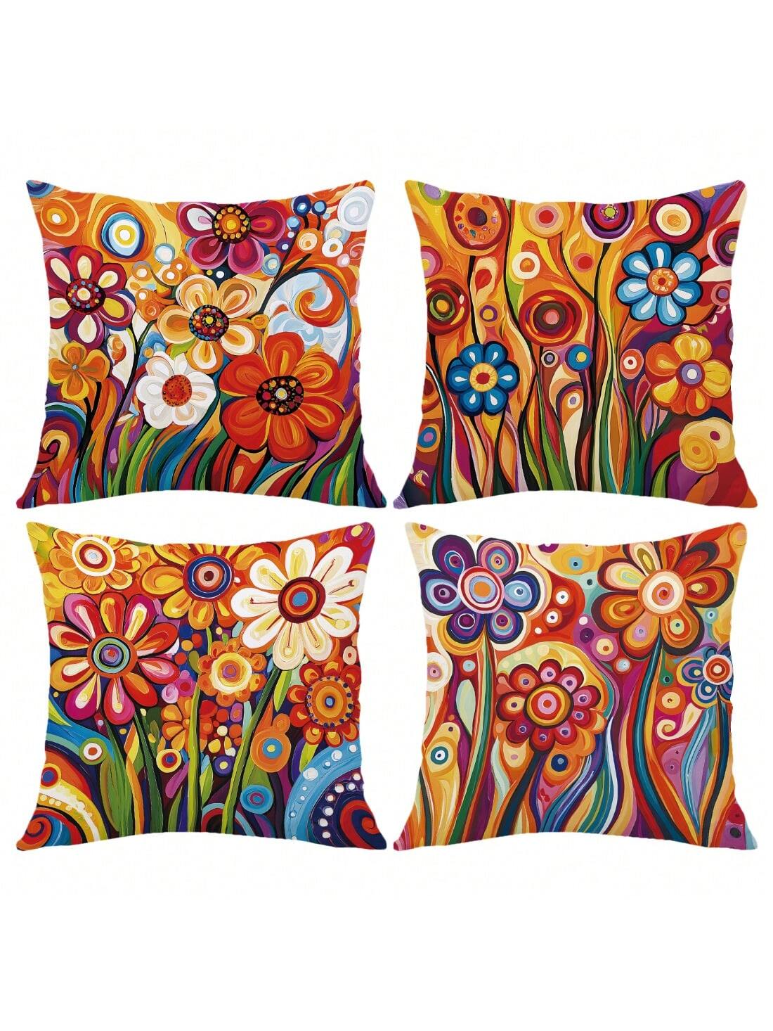 4pcs 17.7*17.7in(45*45cm)/19.69*19.69in(50*50cm)/15.75*15.75in(40*40cm) Vibrant Red Floral Print Pillow Covers [Single-Sided Printing] Polyester Home Decor Cushion Covers For Sofa, Bed, Car [Pillow In