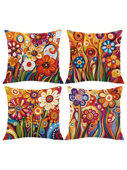 4pcs 17.7*17.7in(45*45cm)/19.69*19.69in(50*50cm)/15.75*15.75in(40*40cm) Vibrant Red Floral Print Pillow Covers [Single-Sided Printing] Polyester Home Decor Cushion Covers For Sofa, Bed, Car [Pillow In
