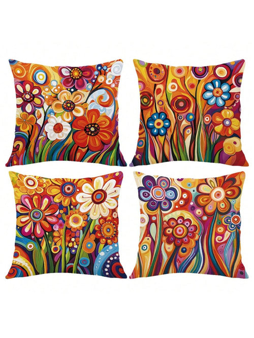 4pcs 17.7*17.7in(45*45cm)/19.69*19.69in(50*50cm)/15.75*15.75in(40*40cm) Vibrant Red Floral Print Pillow Covers [Single-Sided Printing] Polyester Home Decor Cushion Covers For Sofa, Bed, Car [Pillow In